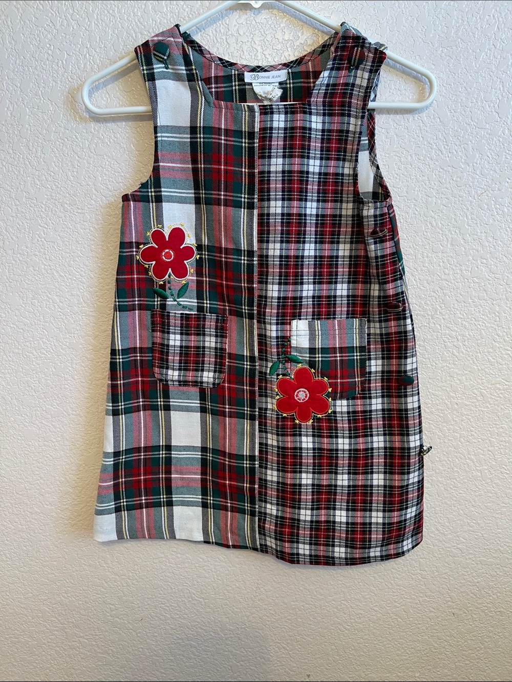 Bonnie Jean Green and Red Plaid Pinafore with Floral Accents